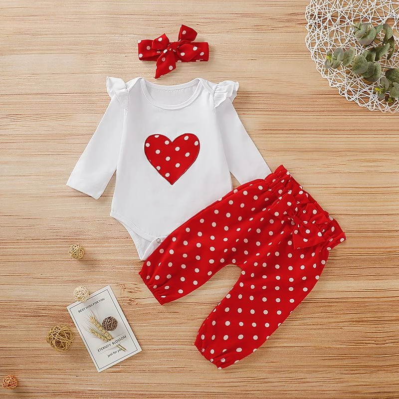 3 Piece Casual Dot Long-sleeve Bodysuit and Pants Set with Headband