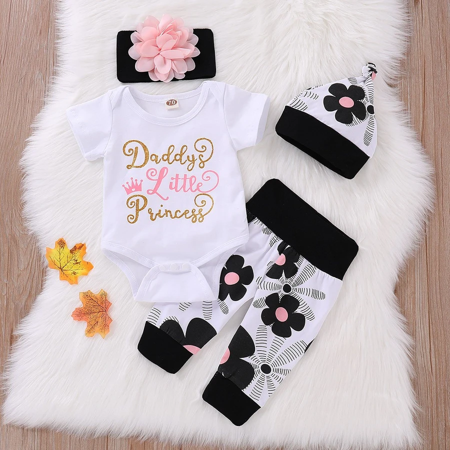 4 Piece Daddy's Princess Bodysuit and Pants Set with Headband and Hat